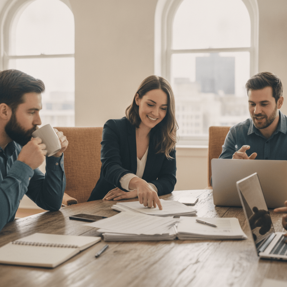 Équipe d'une agence SEO en réunion collaborative autour d'une table avec documents et ordinateur portable